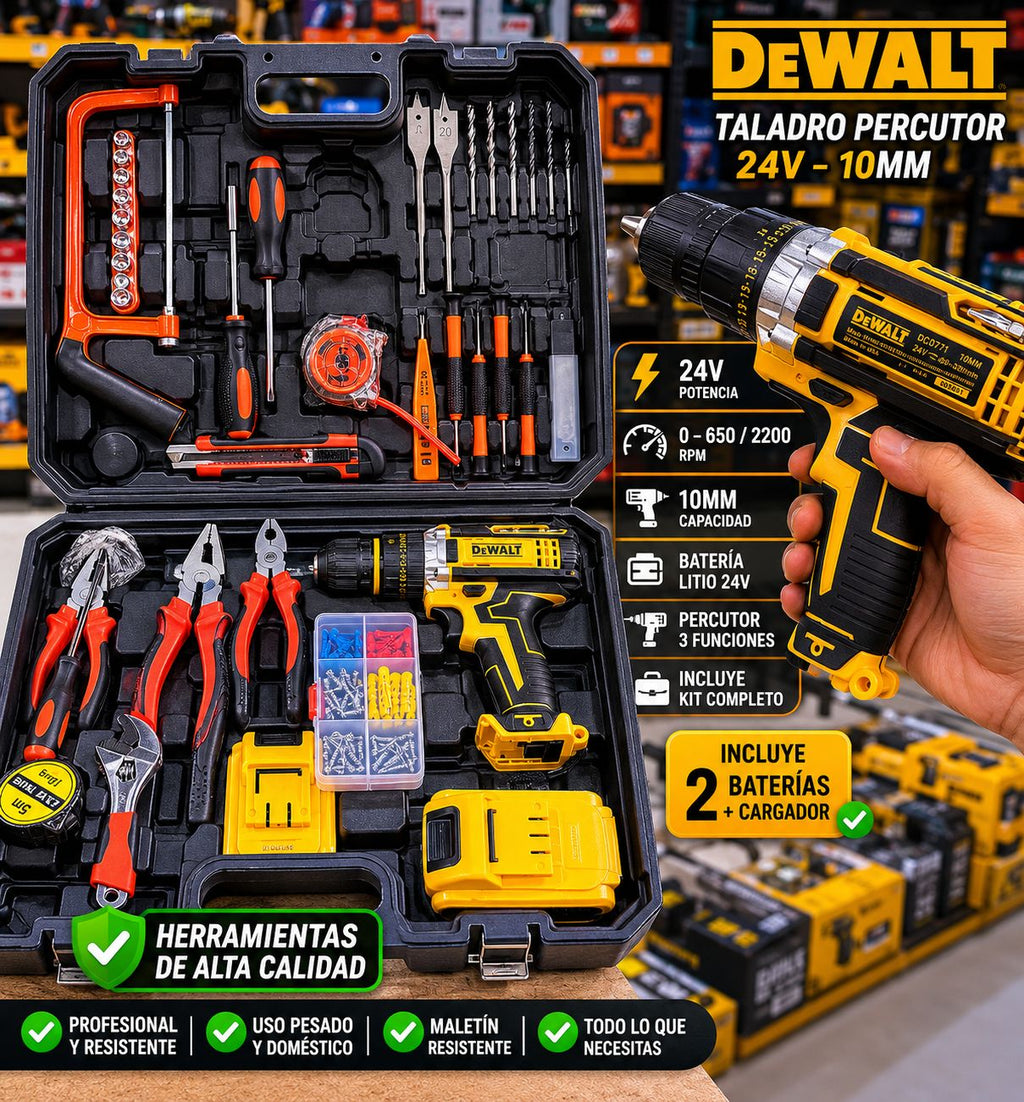 Taladro percutor DeWALT 24V Kit completo Profecional. pago contra entrega y envio gratis.