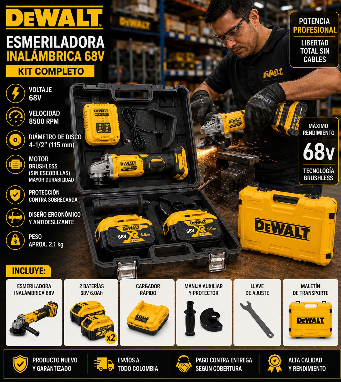 Esmeriladora Inalambrica DeWALT 68V, Kit completo profecional, Pago contra entrega y envio gratis.