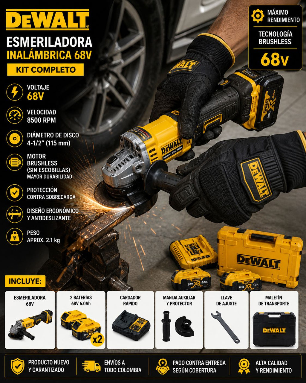 Esmeriladora Inalambrica DeWALT 68V, Kit completo profecional, Pago contra entrega y envio gratis.